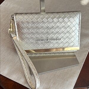 Adrienne Vittadini Silver Metallic Woven Wristlet with Gold Trim